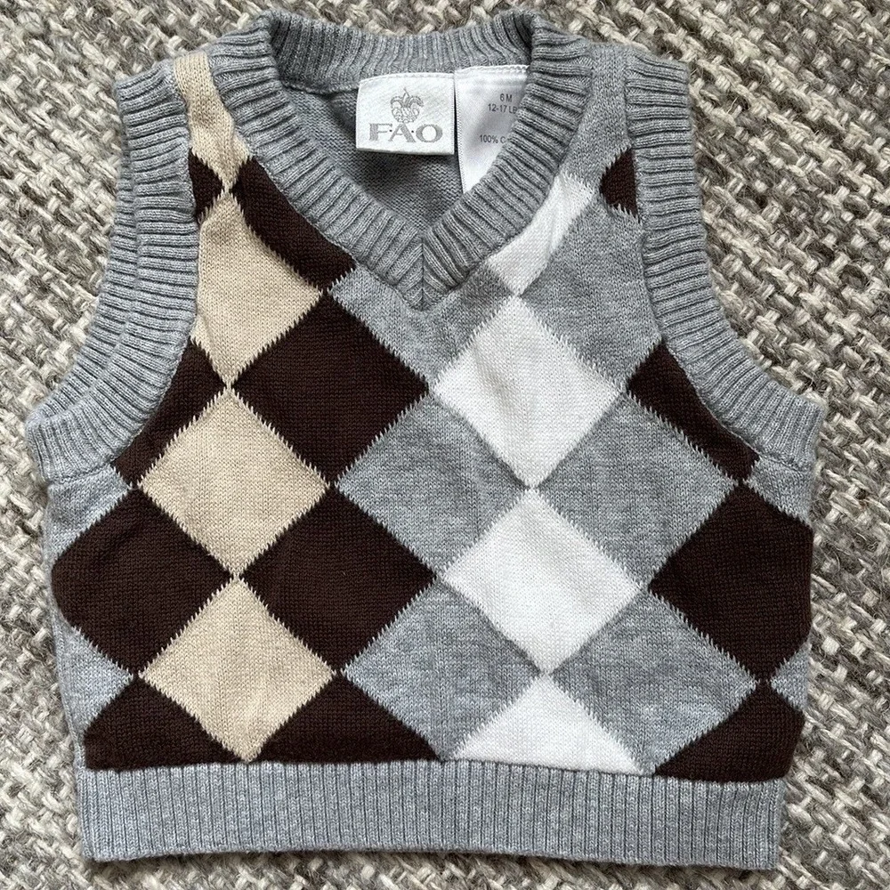 FAO Schwarz Argyle Sweater Vest‎ 100% Cotton 6 mo holiday baby boy preppy gray